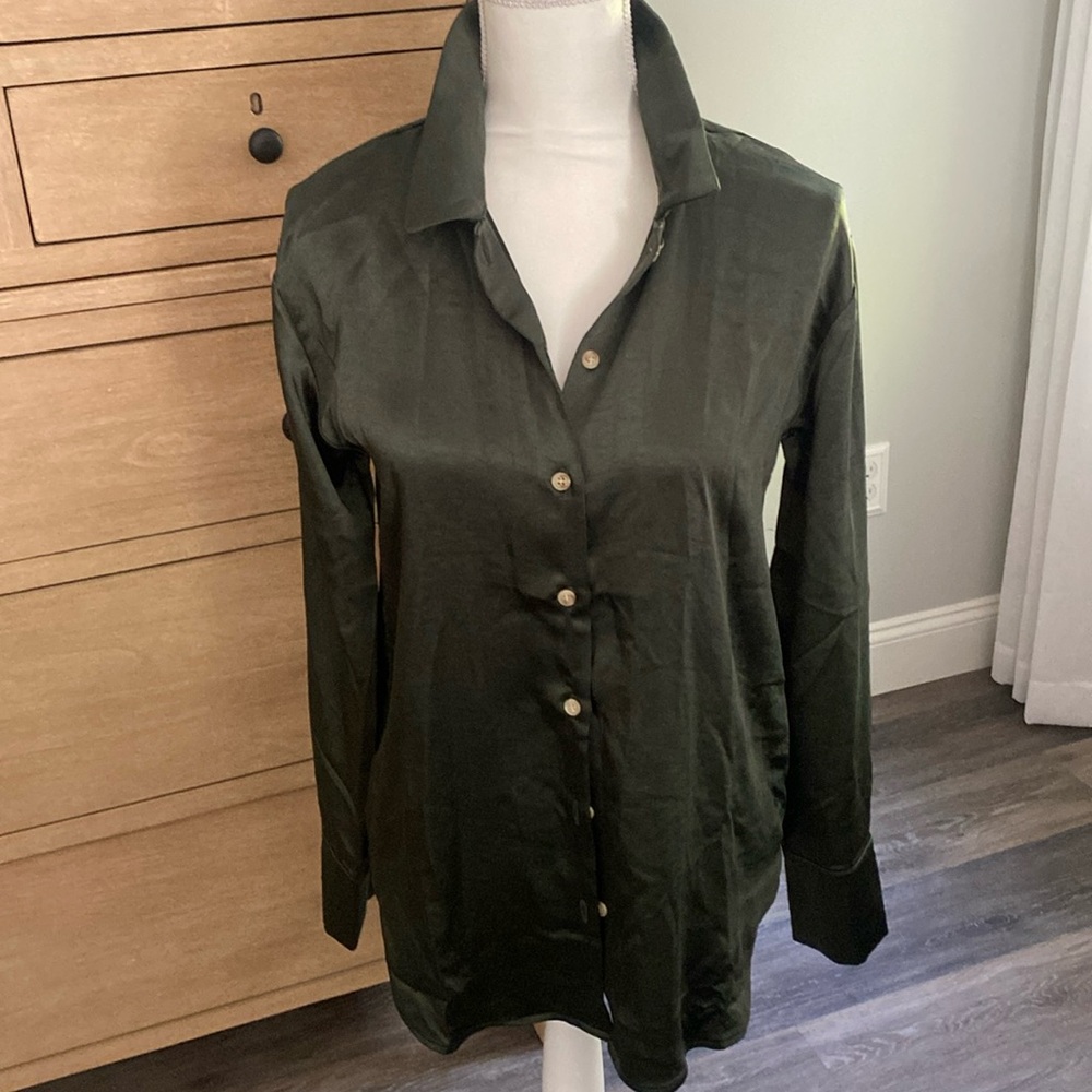 Forest green silky button down top